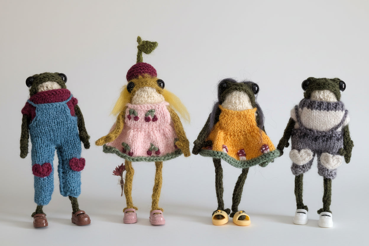 Quatre grenouilles d'art tricotées à la main en alpaga, créations textiles uniques de MimiArt en Normandie.